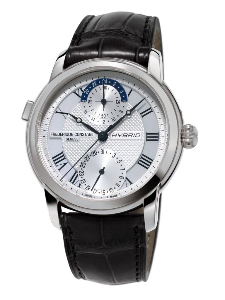 Frederique Constant FC750 mounting a hybrid calibre that keeps the mechanical heart adding features commonly seen on smartwatches. 
the image shows the watch descrived in the dedicated paragraph