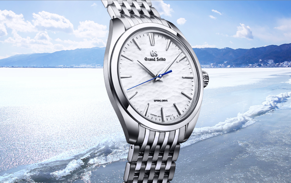 Grand Seiko Spring Drive SBGY013 with white dial made by stainless steel. 
The image shows the watch described in the dedicated paragraph.