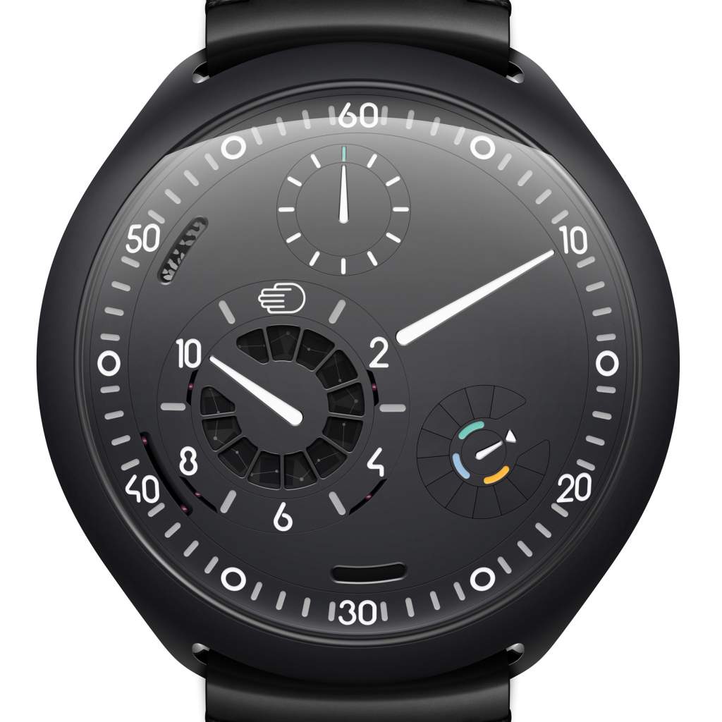 Ressence Type 2 with mechanical calibre integrated with an electric servo-actuator that interacts with it based on inputs shared via gesture or dedicated app. 
The image shows the watch described in the dedicated paragraph.