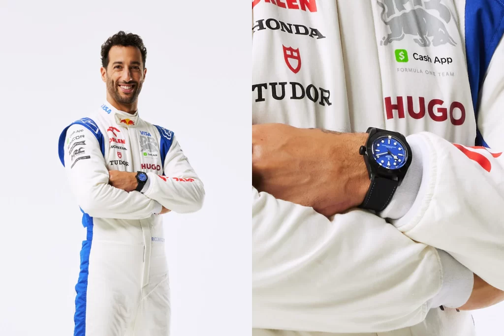 Daniel Ricciardo wearing his Tudor Black Bay Ceramic Blue dial