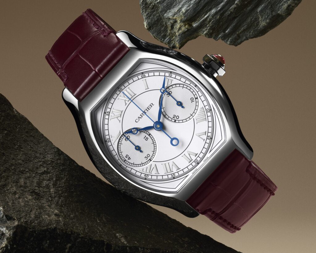 Cartier Tortue mono-pusher chronograph with platinum case presented at Watches and Wonders 2024